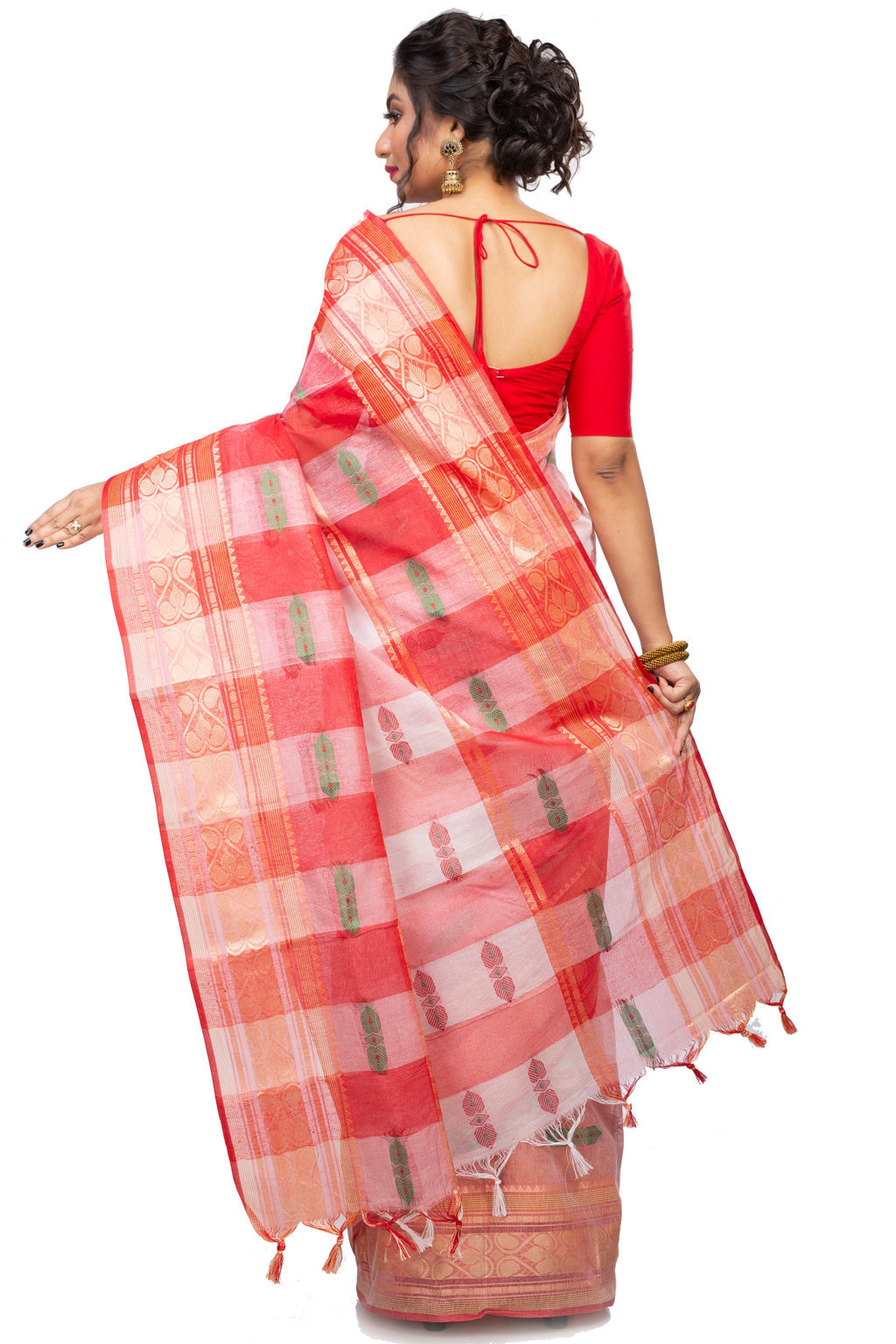 White Red Pure Cotton Raj Nandi Desigine Tant Saree (2807)